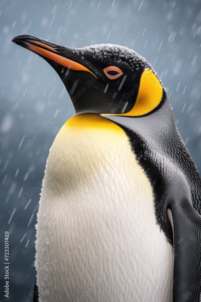 Poster a detailed view of a penguin standing in the snow. perfect for winter-themed projects and nature ill