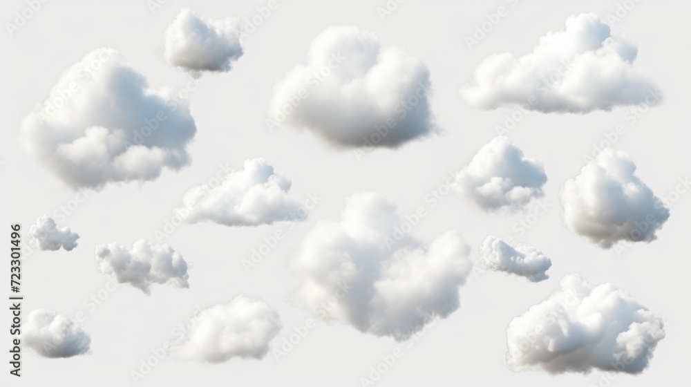 Poster A bunch of clouds floating in the air. Can be used to depict a clear sky or as a background for various design projects