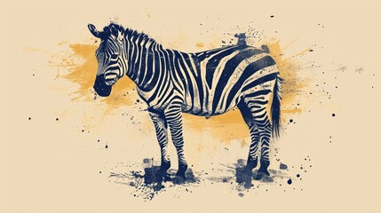 Fototapeta na wymiar a black and white zebra standing on top of a yellow and black spot on a white background with a yellow spot in the middle of the zebra's neck.