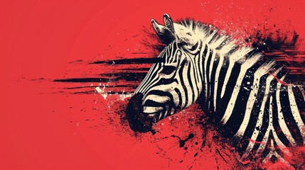 Fototapeta na wymiar a zebra standing in front of a red background with paint splatters on it's face and neck, with a black and white zebra's head in the foreground.