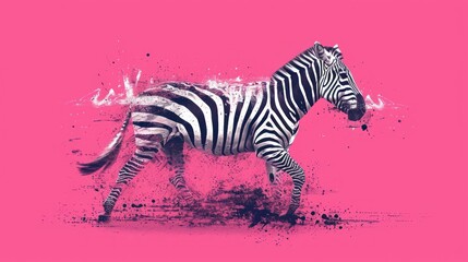 Fototapeta na wymiar a zebra running on a pink background with a splash of paint on the zebra's back and the zebra's tail is black and it's tail is white.