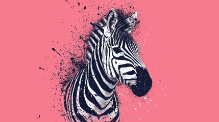 Fototapeta na wymiar a close up of a zebra's head with paint splatters on the back of it's head and a pink background with a black and white zebra's head.
