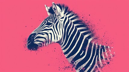 Fototapeta na wymiar a close up of a zebra's head with pink and blue paint splatters on the back of it's head and a black and white zebra's head on a pink background.
