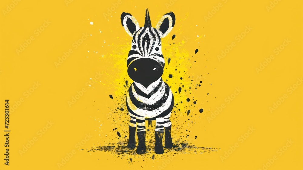 Poster  a black and white zebra standing in front of a yellow background with a splash of paint on the bottom of it's head and the zebra's head.