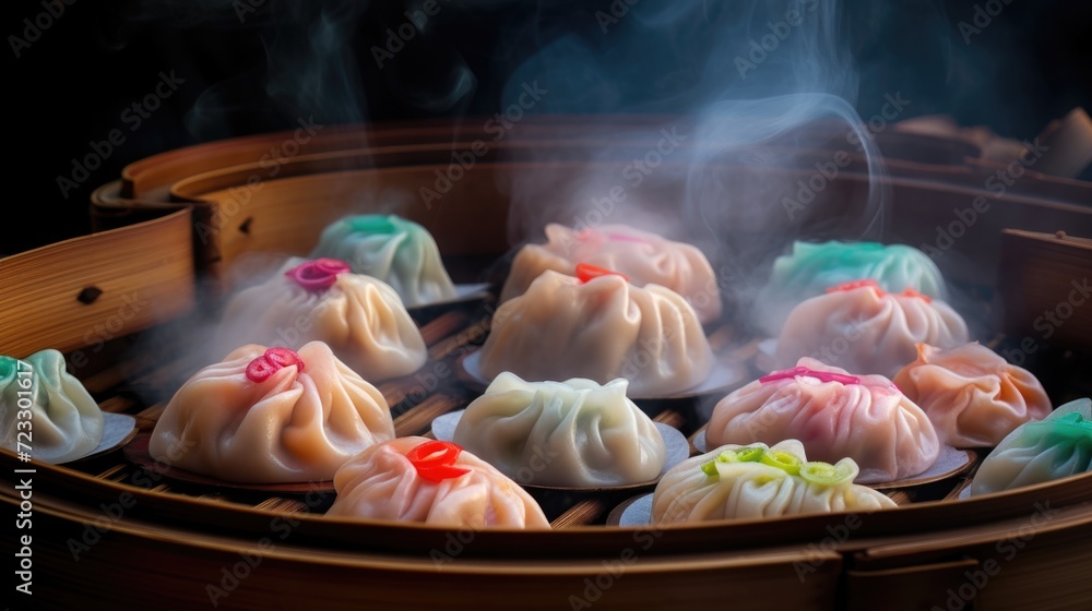 Poster a bunch of dumplings being cooked in a steamer. perfect for illustrating the process of cooking dump