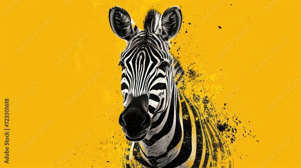 Poster a close up of a zebra's face with yellow paint splattered on the back of the zebra's head and the ze