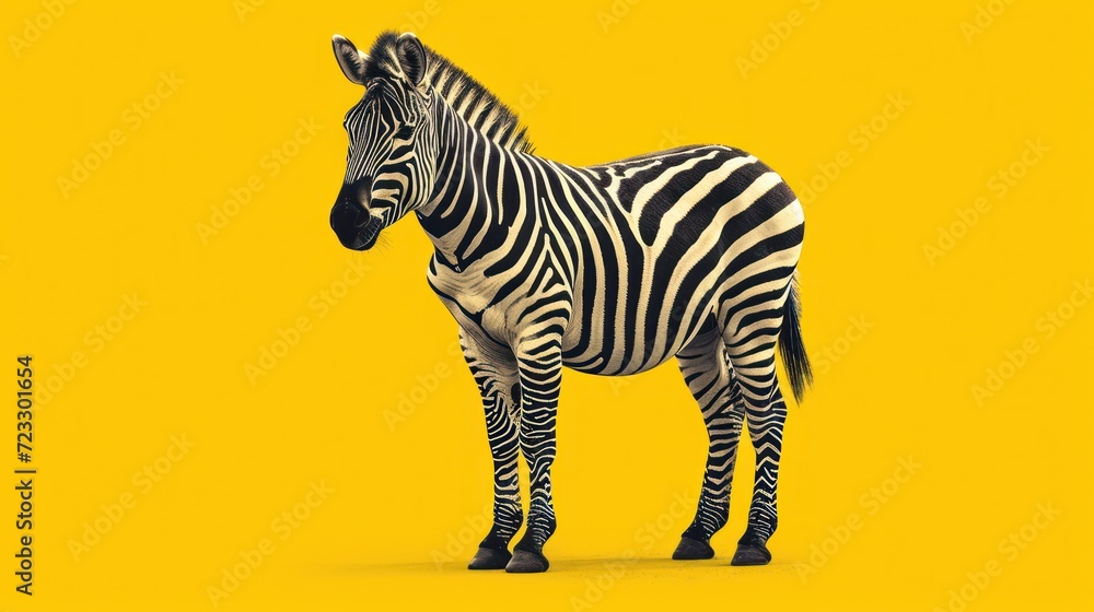 Poster a zebra standing on a yellow background with a black and white image of it's head in the center of t