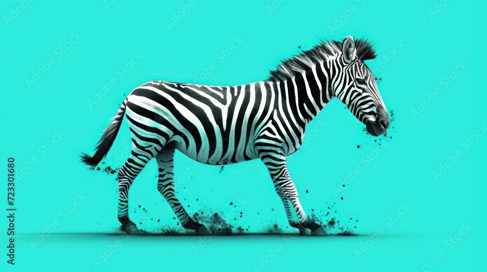 Poster a black and white zebra on a blue background with a splash of paint on the zebra's face and tail, an