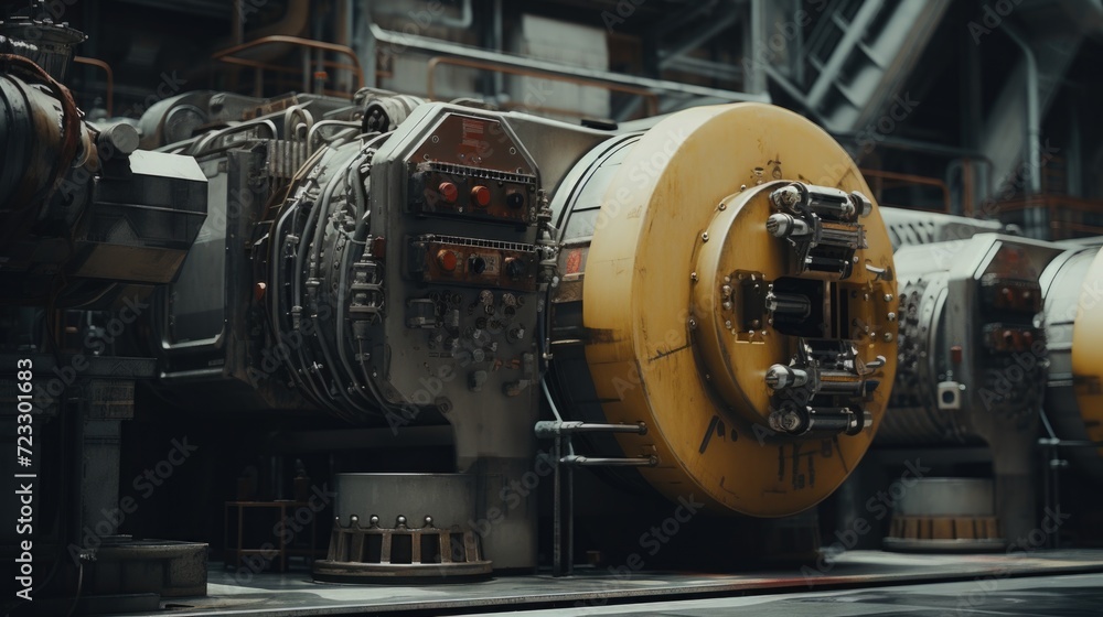 Poster a row of industrial machines in a factory. can be used to depict manufacturing, production, or autom