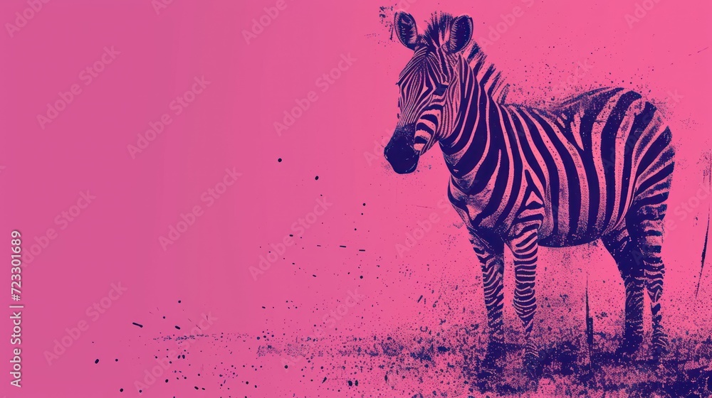 Aufkleber a zebra standing on top of a grass covered field in front of a pink and black background and a black