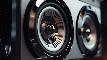 A close up view of a speaker mounted on a wall. Suitable for various audio and sound-related...