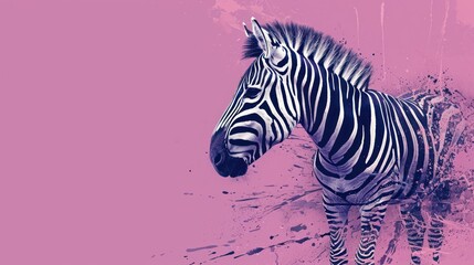  a zebra standing in front of a pink wall with paint splatters on it's face and neck, in front of a pink background of a pink wall.