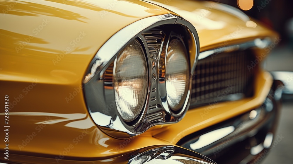 Poster A detailed view of the front of a yellow car. This image can be used for automotive-related projects or to showcase the vibrant color of the vehicle