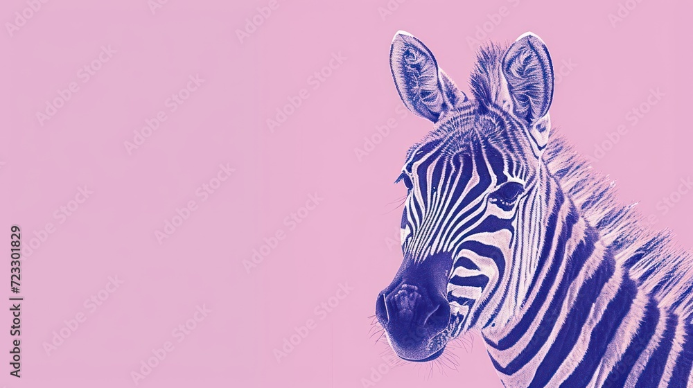 Poster a close up of a zebra's head on a pink background with a blurry image of the head of a zebra in the 