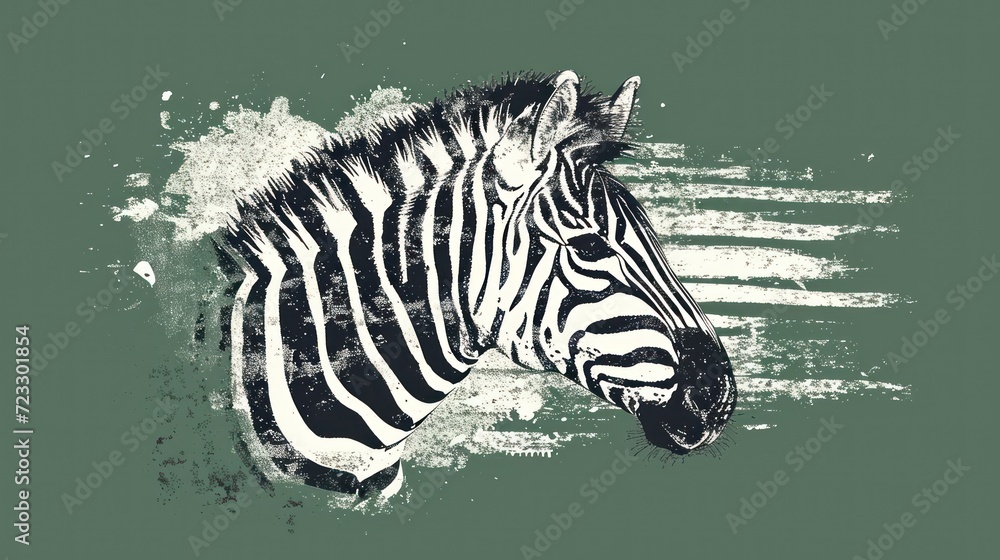 Poster a close up of a zebra's head with a paint splattered design on the back of the zebra's head and the 