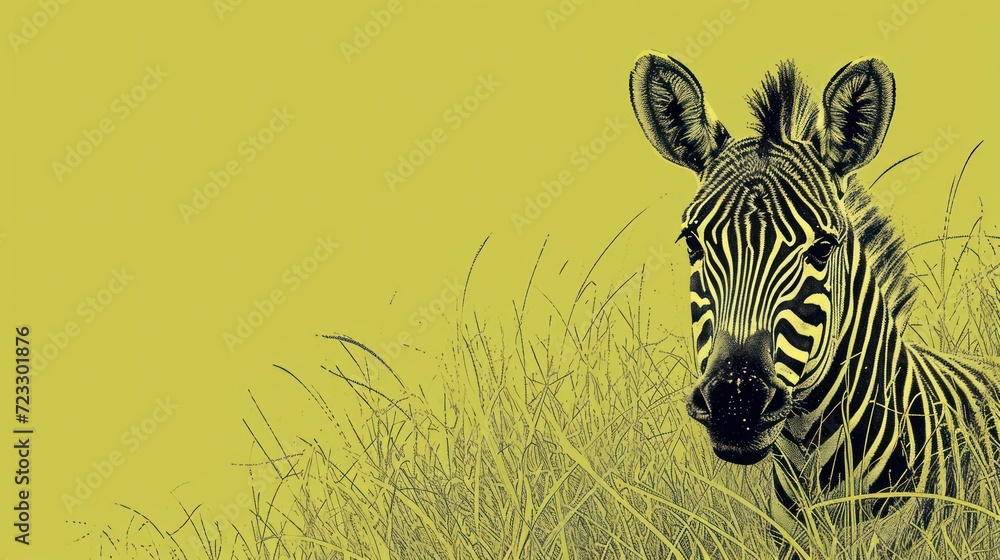 Poster a black and white photo of a zebra in a field of tall grass with a yellow sky in the background and 