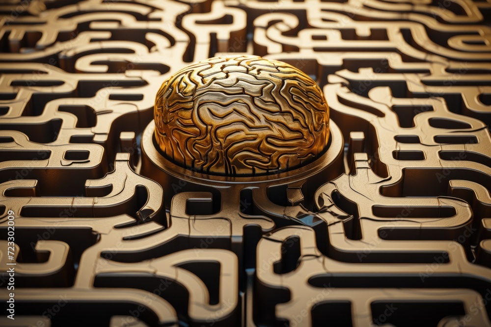 Poster A golden brain sits atop a maze, symbolizing intelligence and problem-solving. Perfect for illustrating concepts of strategy, creativity, and critical thinking