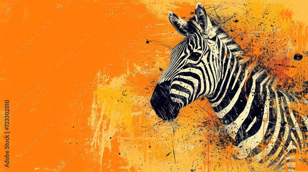 Poster a black and white zebra standing in front of an orange and yellow background with a splash of paint 