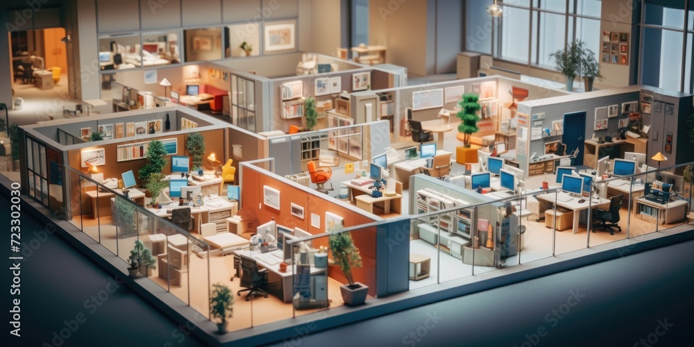 Poster A miniature model of an office with multiple cubicles. Perfect for illustrating office spaces and workplace environments