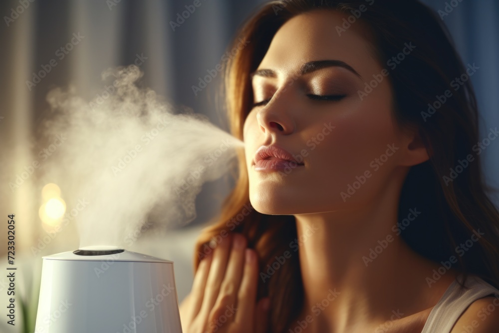 Poster a woman is using a humidifier and blowing steam into the air. this picture can be used to illustrate
