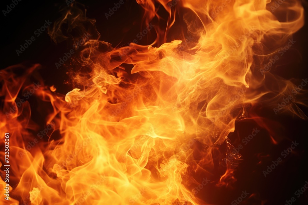 Poster A close-up photograph showcasing the fiery flames on a black background. Ideal for adding a touch of warmth and intensity to any project