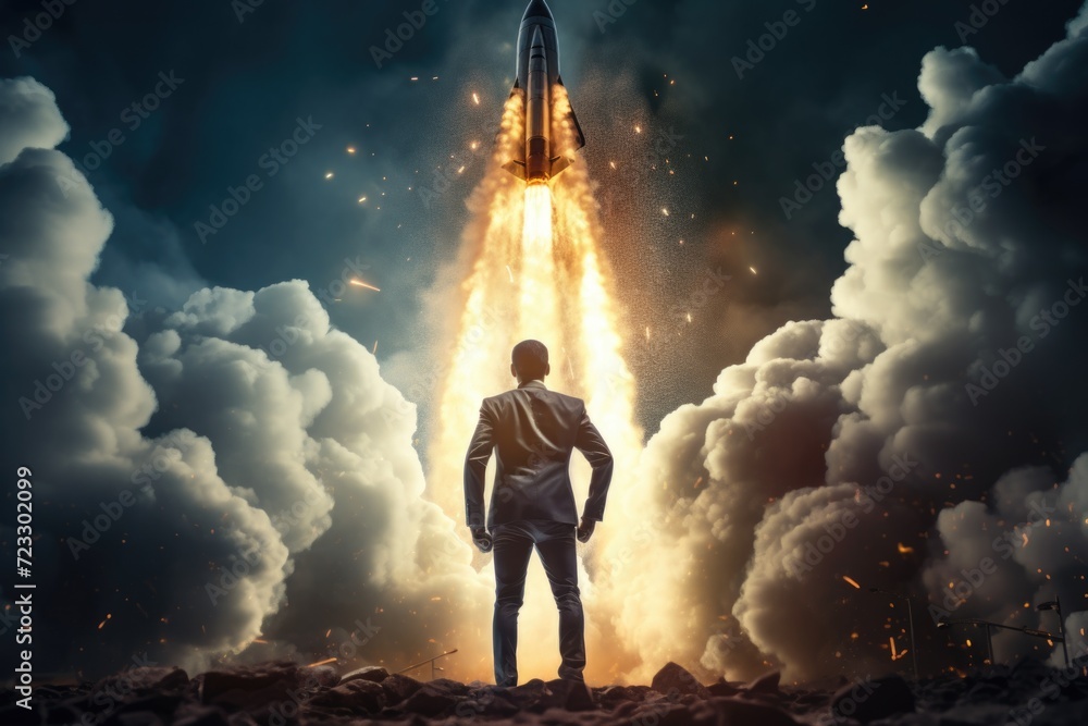 Poster a man wearing a suit standing in front of a rocket. perfect for illustrating the concept of technolo