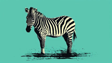 Fototapeta na wymiar a black and white zebra standing on top of a puddle of water on a teal green background with a black and white stripe on the side of the zebra.