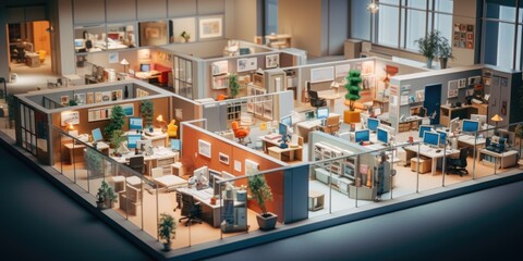 A miniature model of an office with multiple cubicles. Perfect for illustrating office spaces and workplace environments