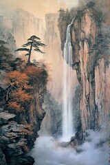 landscape painting of the Song Dynasty, drizzle pouring down during the rainy season, intertwined with rich textures of trees, rocks, traditional style, delicate lines, textured texture, bright color.