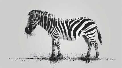 Fototapeta na wymiar a black and white photo of a zebra with paint splatters all over it's body and neck, standing in front of a gray background with a black and white backdrop.
