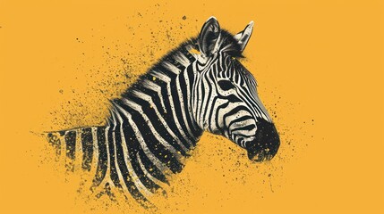 Fototapeta na wymiar a black and white picture of a zebra's head with yellow and black paint splattered on the side of the zebra's head and a yellow background.