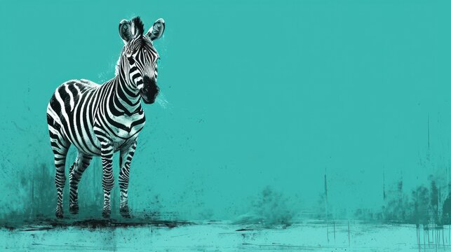  a digital painting of a zebra standing in a blue, green, black and white color scheme with a splash of paint on the bottom half of the zebra's head.