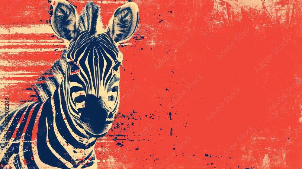 Poster a close up of a zebra on a red and blue background with a black and white zebra on the left side of 