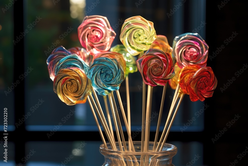 Aufkleber a glass vase filled with a variety of vibrant and colorful lollipops. perfect for candy-themed event