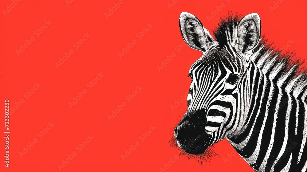 Poster a close up of a zebra's head on a red background with a black and white drawing of a zebra's head on