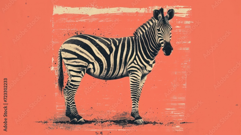 Poster a black and white zebra standing in front of an orange and pink background with a grungy look on it'
