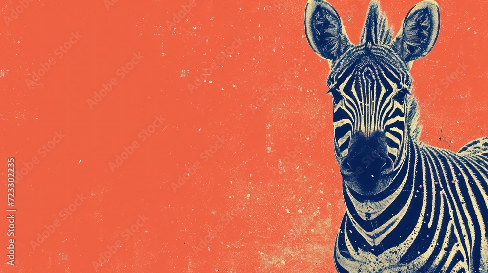 Poster a black and white zebra standing in front of a red wall with a black and white picture of a zebra on