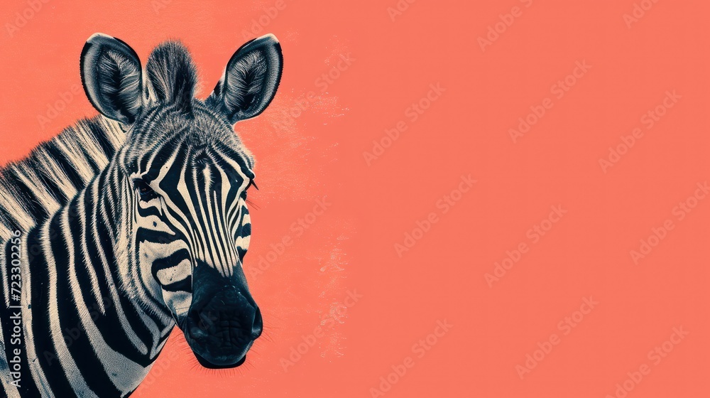 Poster a close up of a zebra's head on a red background with a black and white image of a zebra on the left