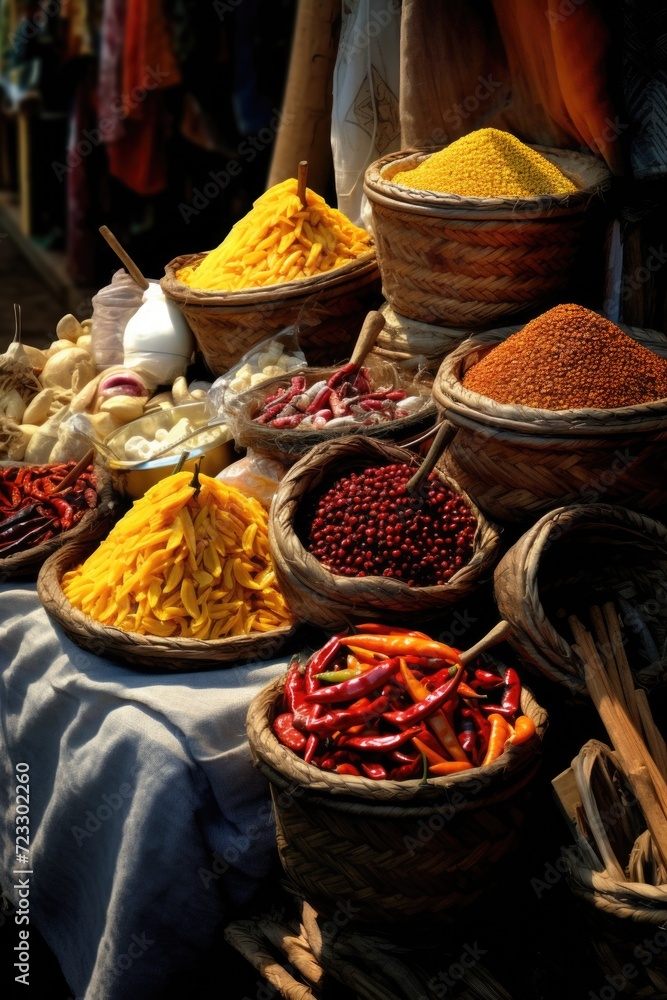 Poster A table adorned with baskets filled with various types of food. Perfect for showcasing a delicious spread and ideal for food-related projects