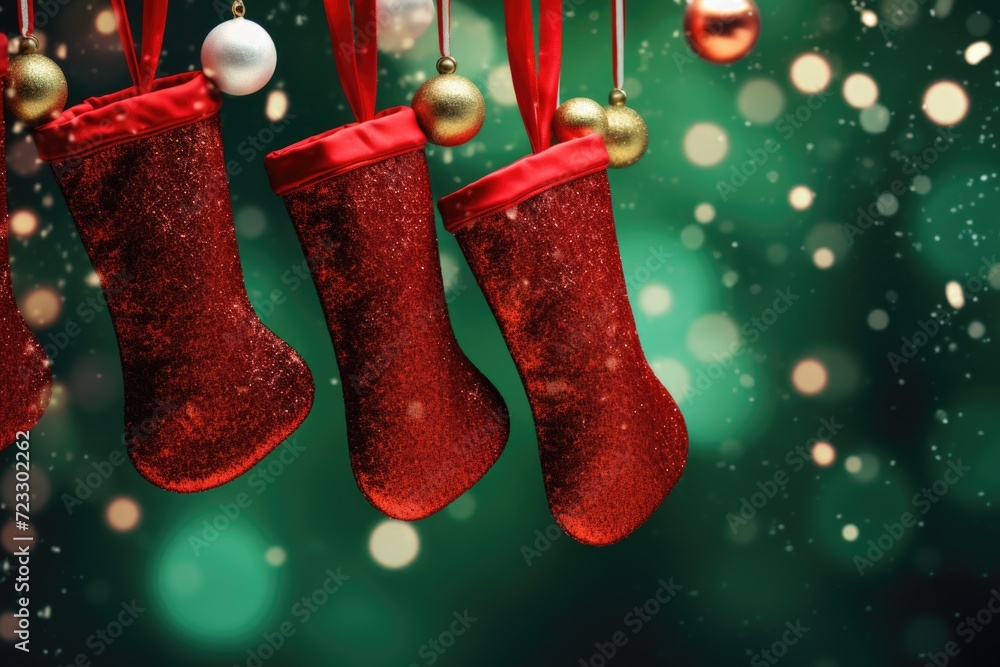 Poster christmas stockings hanging from a string. can be used to add festive decoration to any holiday sett