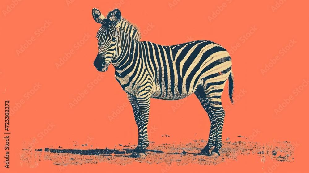 Poster a zebra standing in the middle of a field with an orange sky in the background and a black and white