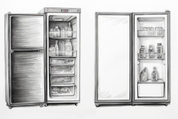 A drawing of a refrigerator with its doors open. Can be used to illustrate concepts such as food storage, home appliances, or kitchen organization