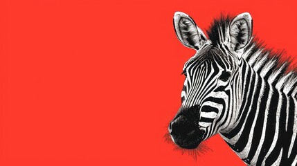  a close up of a zebra's head on a red background with a black and white drawing of a zebra's head on it's left side.