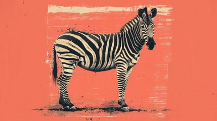 Fototapeta na wymiar a black and white zebra standing in front of an orange and pink background with a grungy look on it's face and the zebra is looking at the camera.