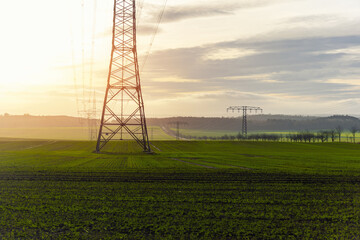 Scenic view of electricity pylons stretching across green fields warm sunset sky background....