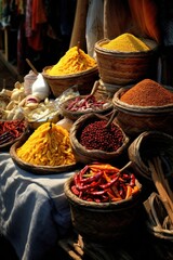 Fototapeta premium A table adorned with baskets filled with various types of food. Perfect for showcasing a delicious spread and ideal for food-related projects