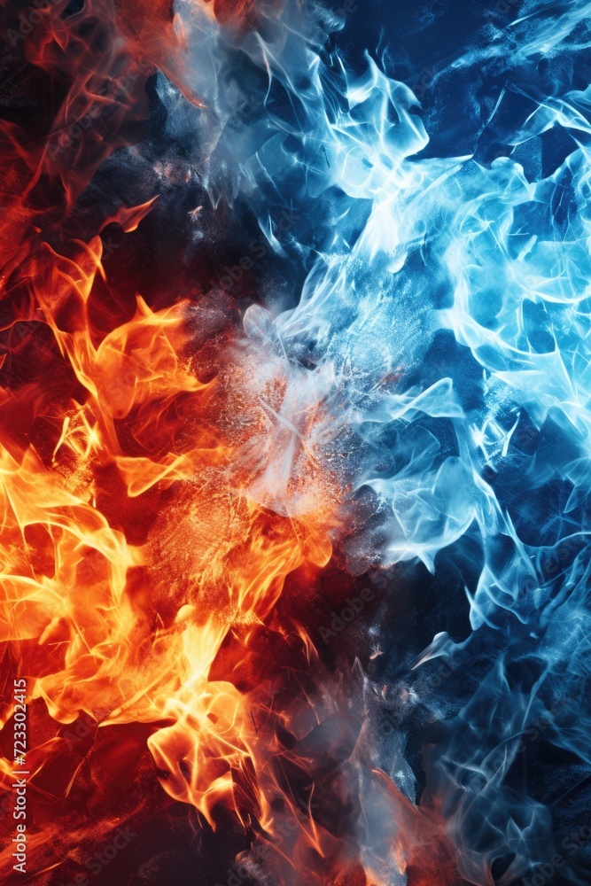 Poster A captivating close-up image showcasing the dynamic contrast between fire and water. This versatile image can be used to add a powerful and intriguing element to various projects