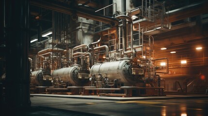 A picture of a large industrial plant with various pipes and valves. This image can be used to depict manufacturing, industry, engineering, or infrastructure.