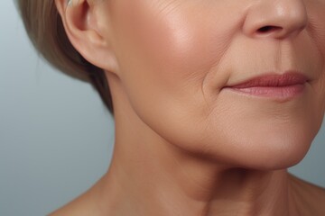 Obraz premium A close up view of a woman's face showing visible wrinkles. This image can be used to depict aging, skincare, beauty treatments, or the effects of time on the skin
