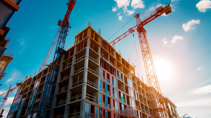 Vibrant Day at the Construction Building Project with Tower Cranes in Action